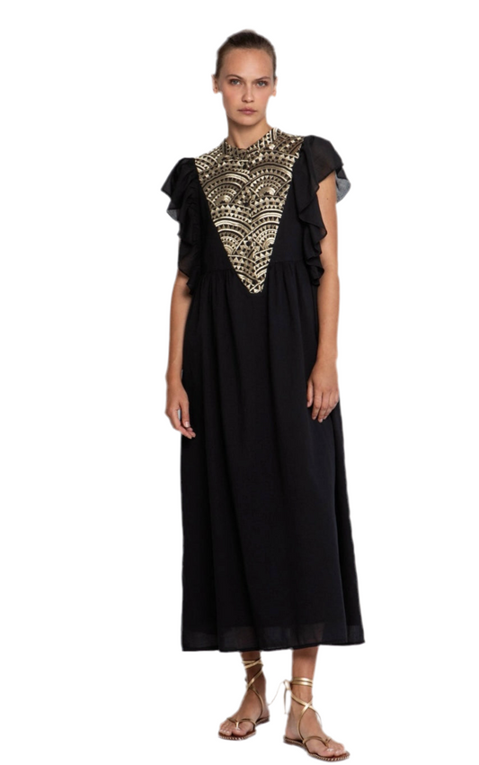 Long New Triangle Maxi with ruffles- Black