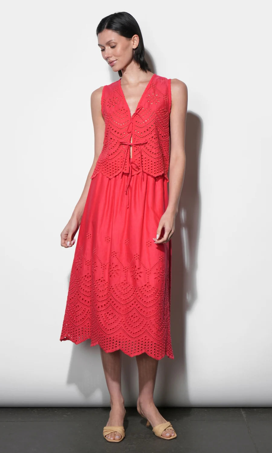 Effie Linen Eyelet Vest Top- Red