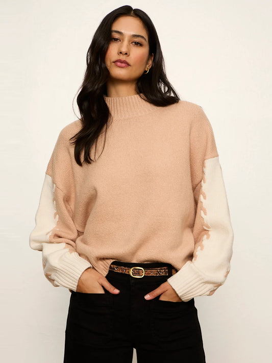 Color Blcok Mock Neck Pullover- Hazelnut
