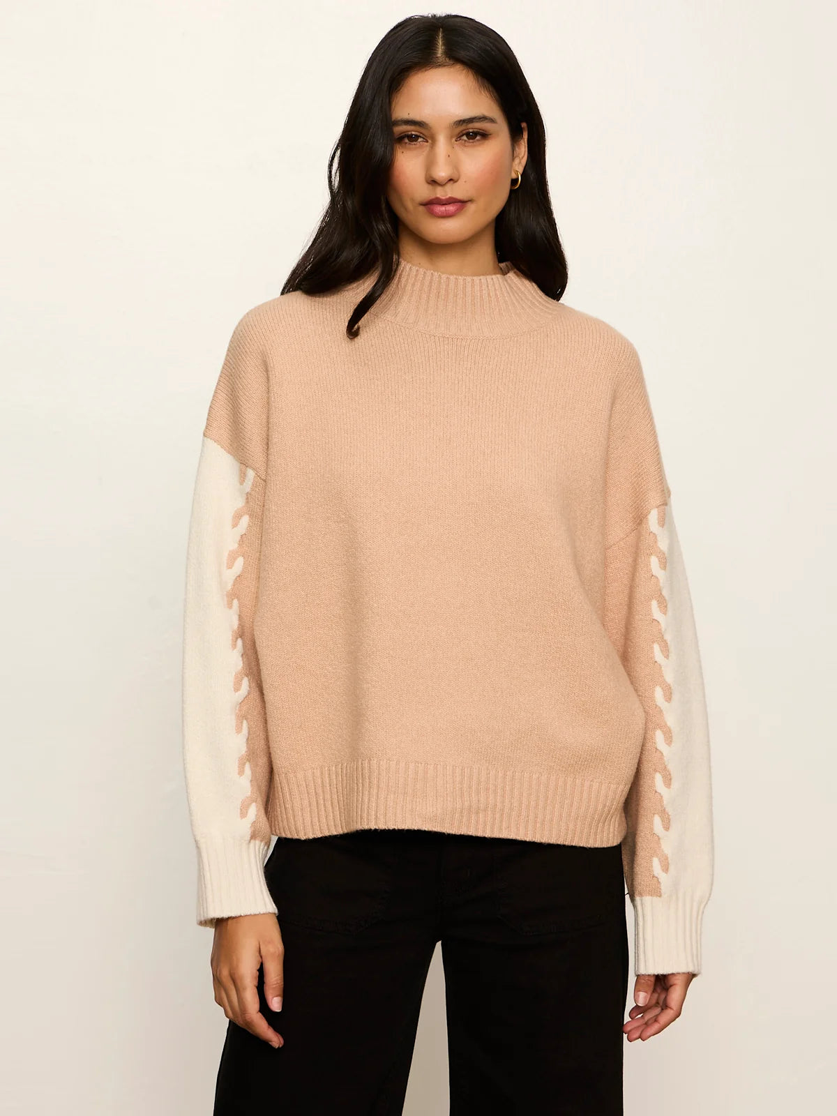 Color Blcok Mock Neck Pullover- Hazelnut