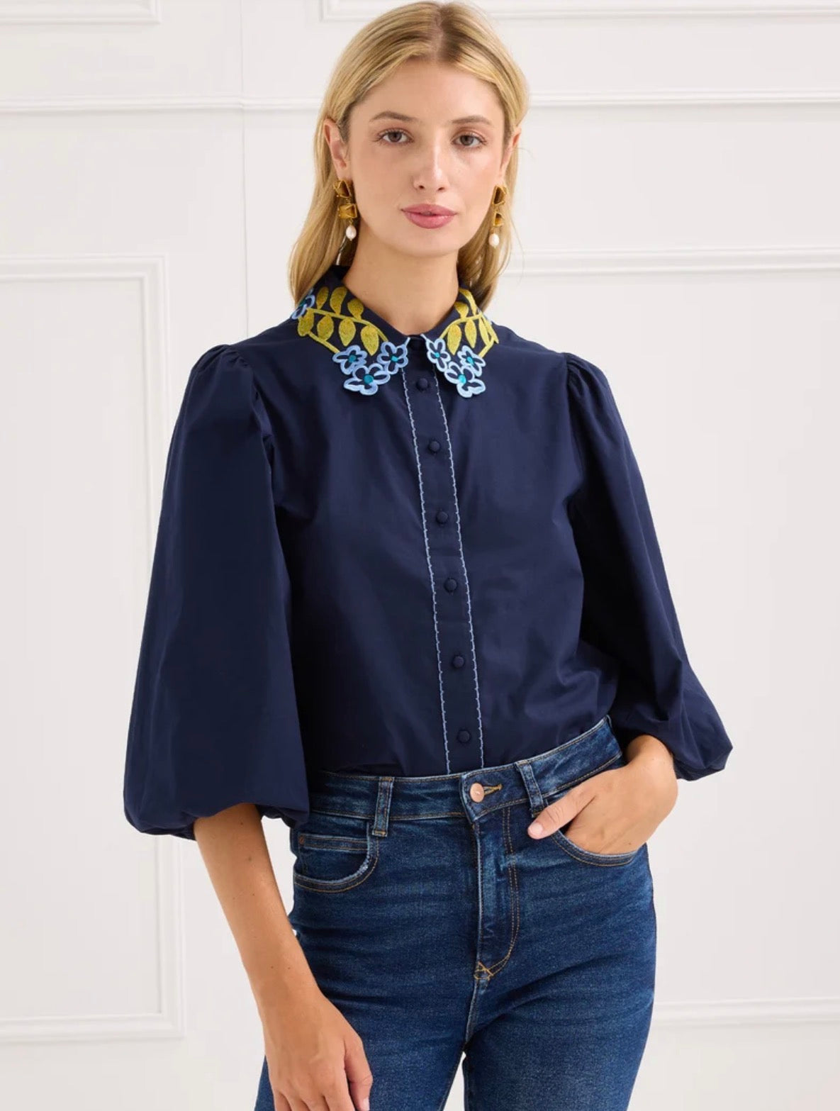 Cami Collared Shirt- Navy Embroidered