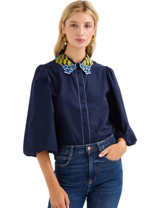 Cami Collared Shirt- Navy Embroidered