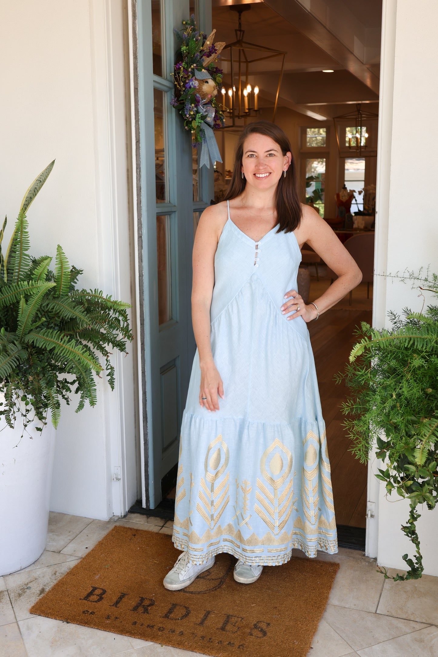 Tank Strap Maxi with Feather Embroidery- Ciel