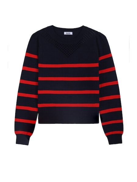 Lucy Stripe Puff Sleeve Pullover- Dark Blue Multi
