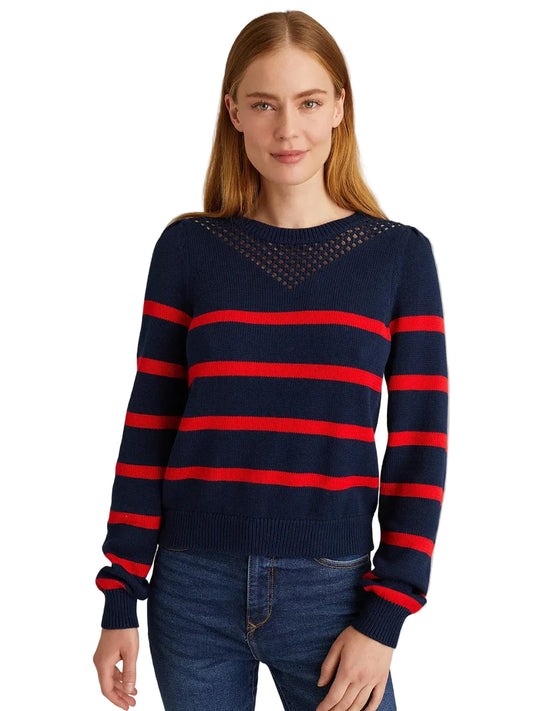 Lucy Stripe Puff Sleeve Pullover- Dark Blue Multi
