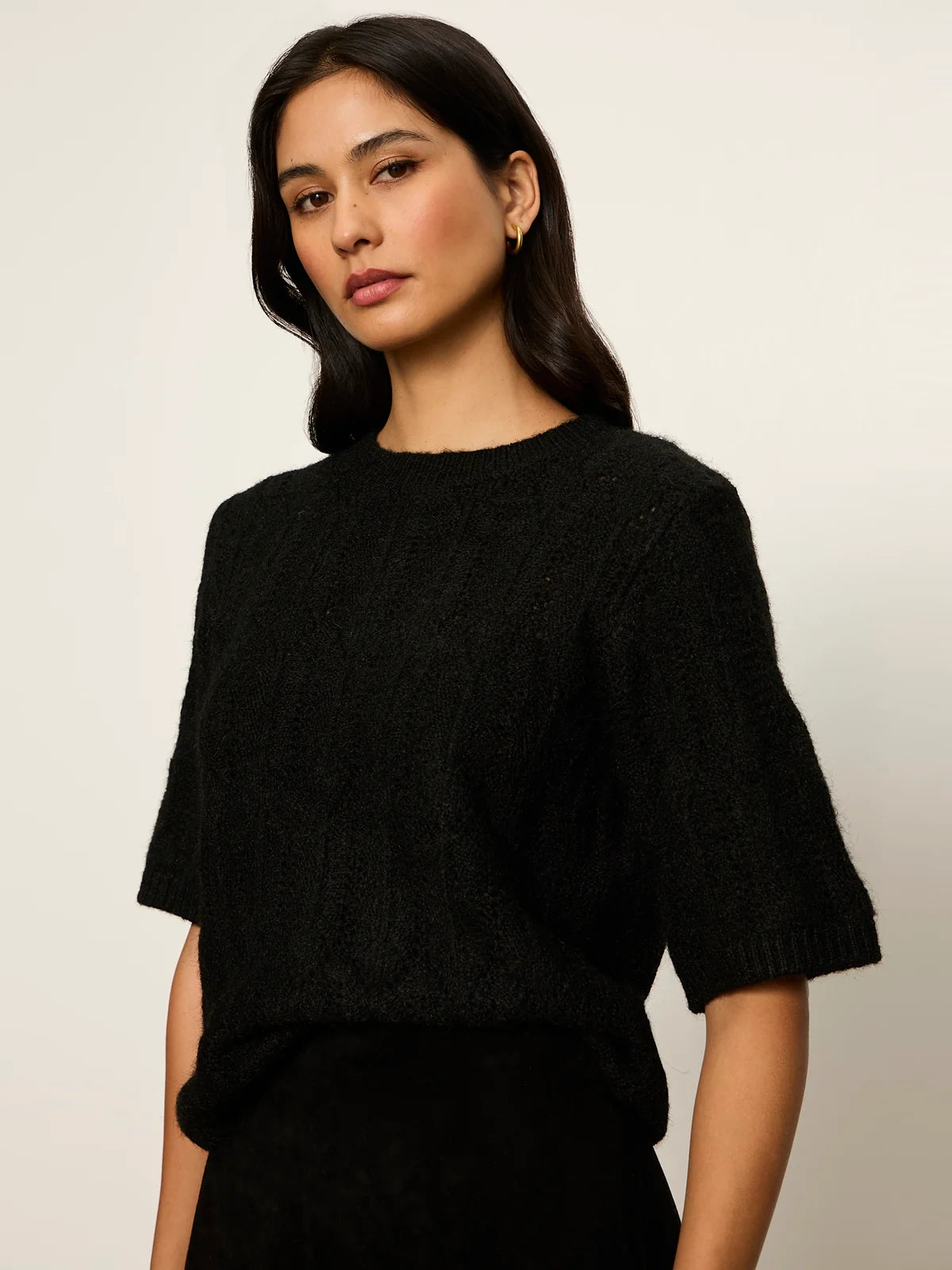 Pointelle Sweater Tee- Black