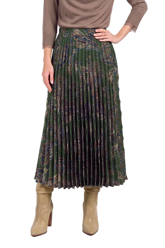 Paisley Pleated Midi Skirt- Olive
