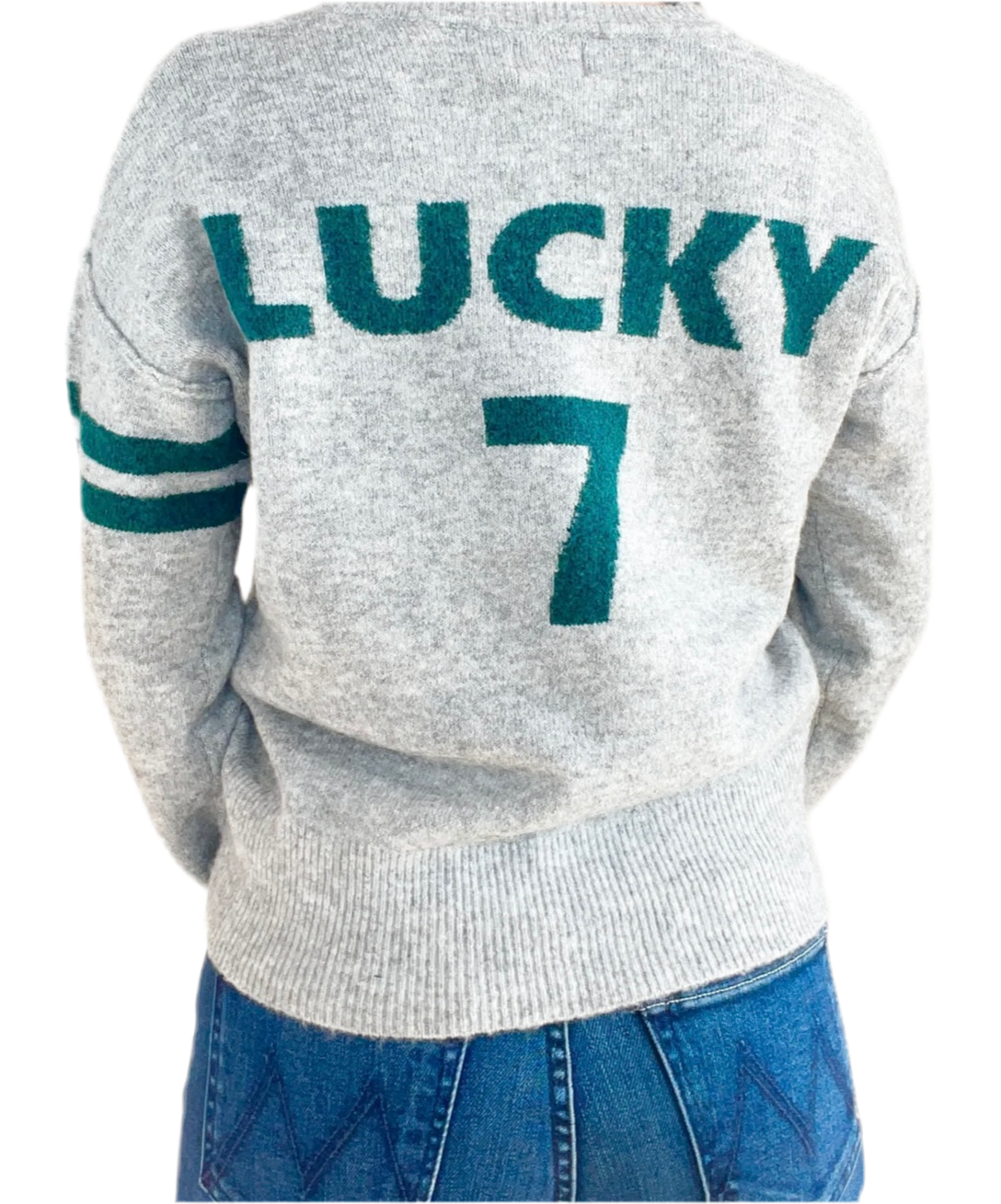 Lucky 7 V-Neck Intarsia Sweater- Heather Grey