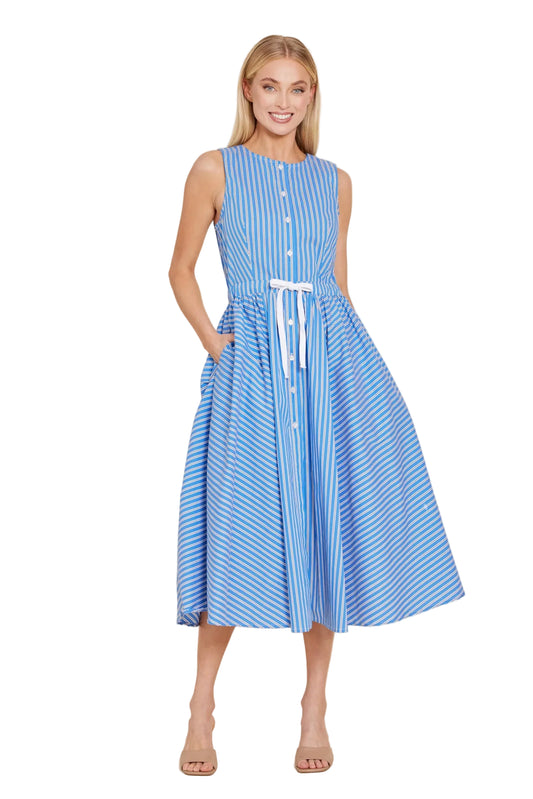 Poplin Drawstring and Bow Back Midi Dress- Blue