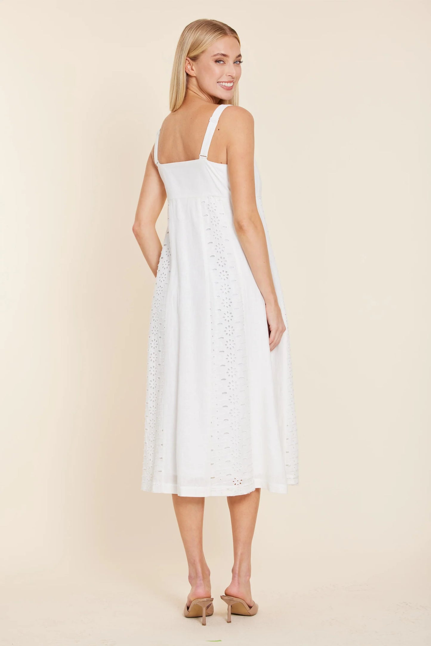 Linen Eyelet Midi Dress- White