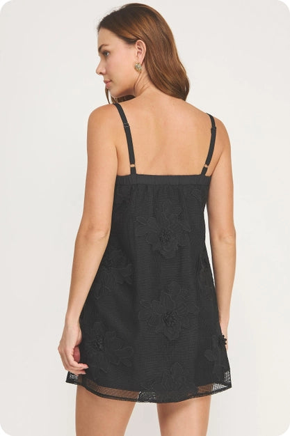 Floral Mesh Mini Dress- Black