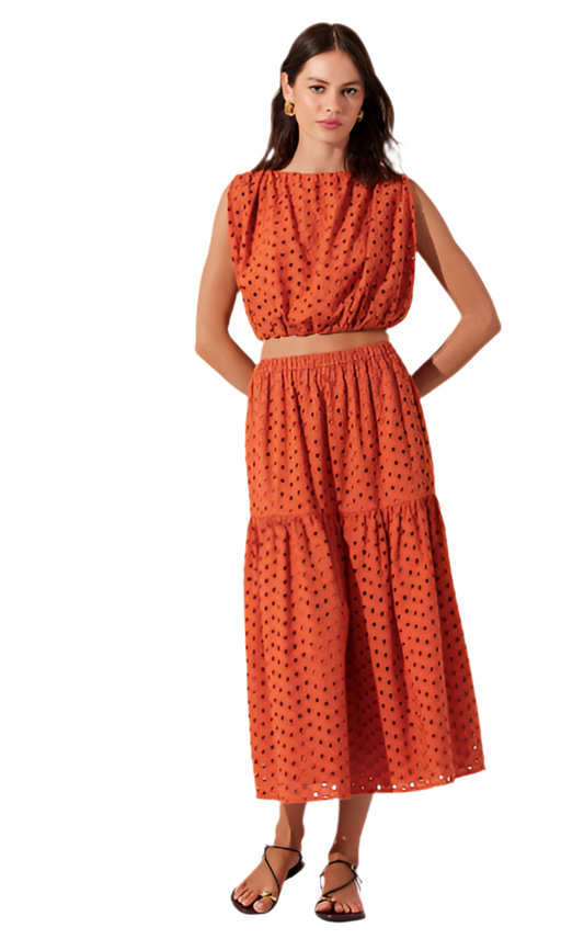 Nalley Eyelet Midi Skirt- Rust