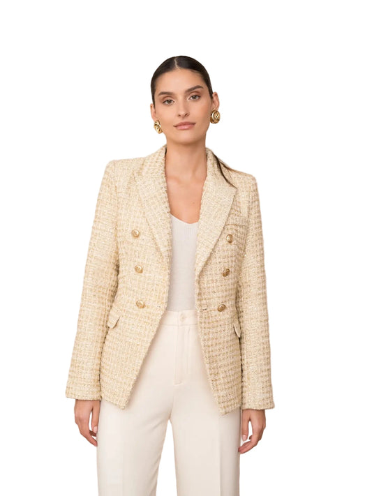 Gold tweed double breasted blazer jacket front view
