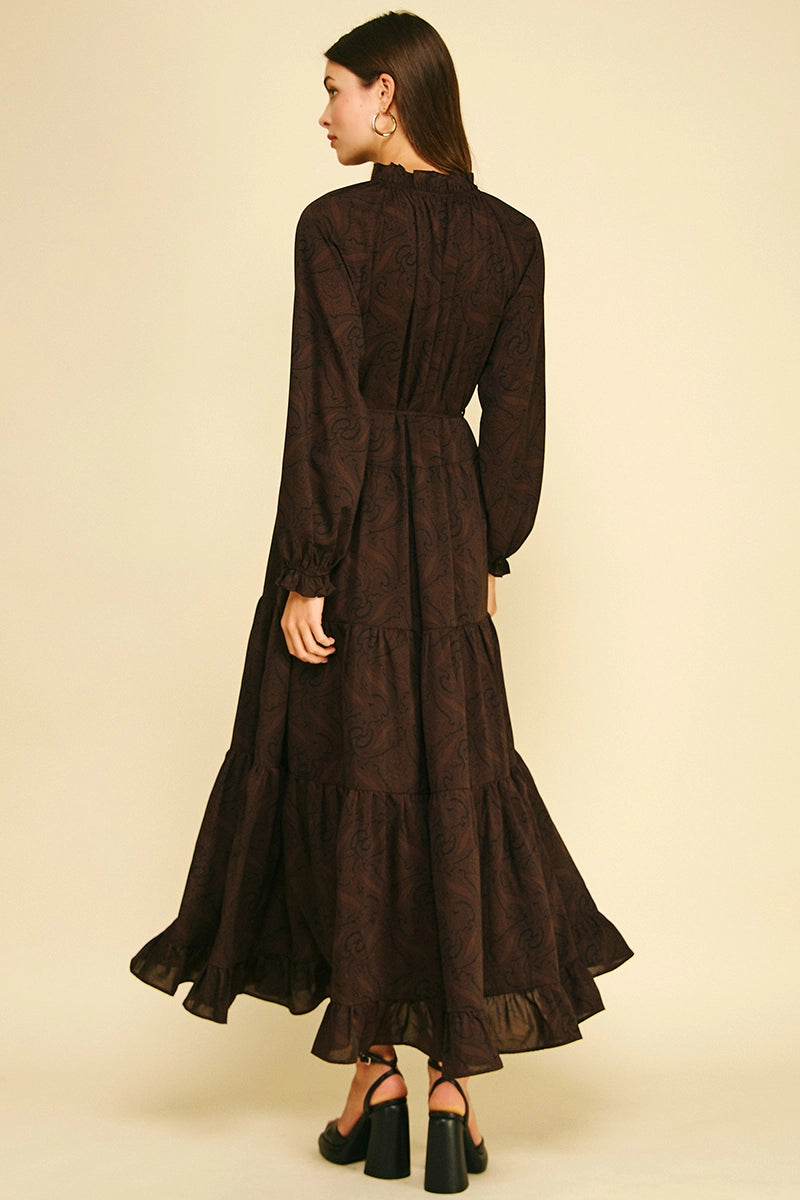 Paisley Print Tiered Maxi Dress- Brown