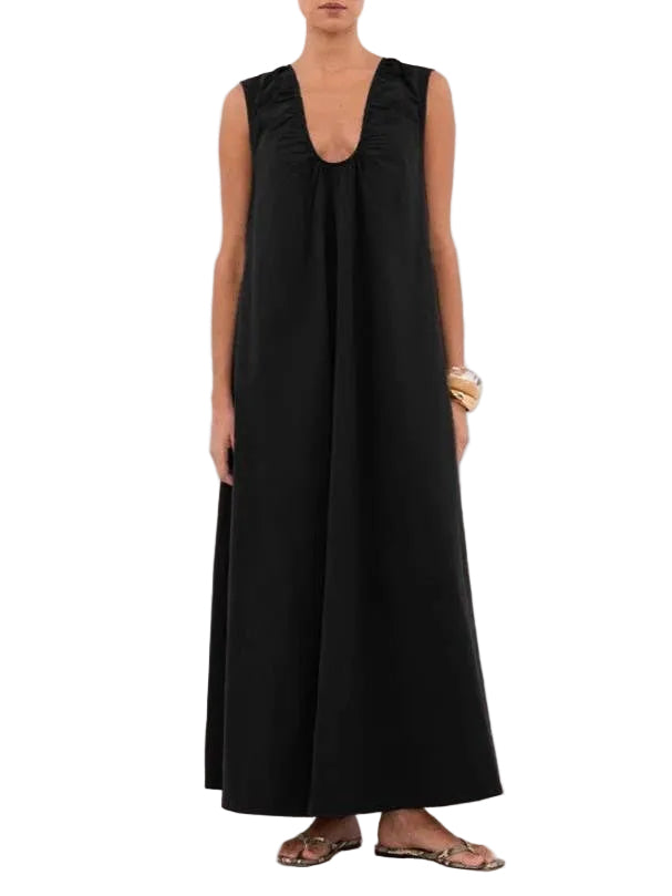 Seaside Vacation Sleeveless U-Neck Maxi Dress-Black