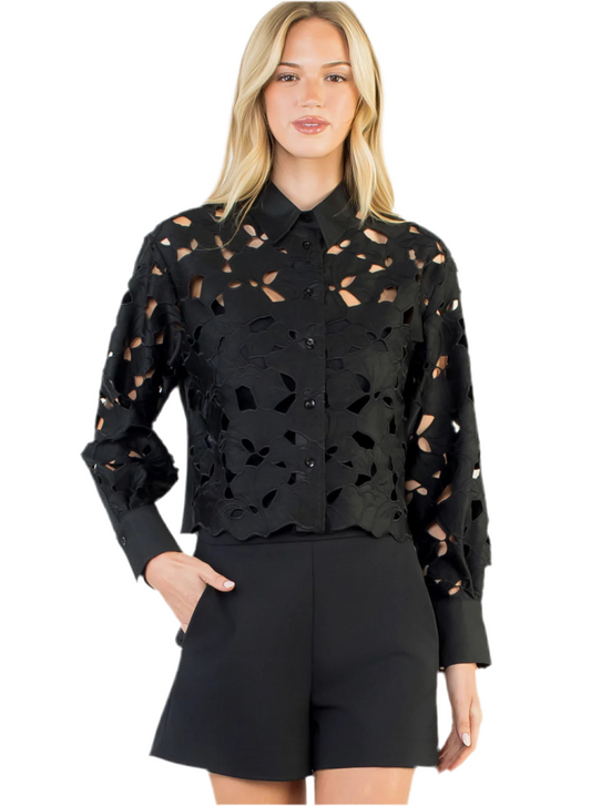 Eyelet Detailed Button Down Shirt- Black