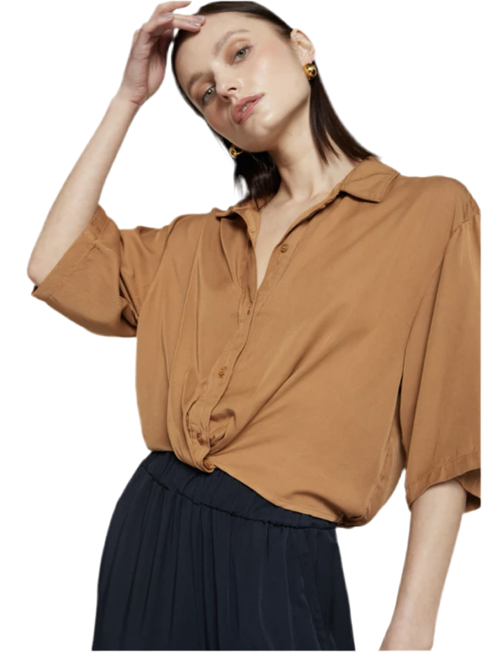 Modal Cropped Twist Shirt- Toffee
