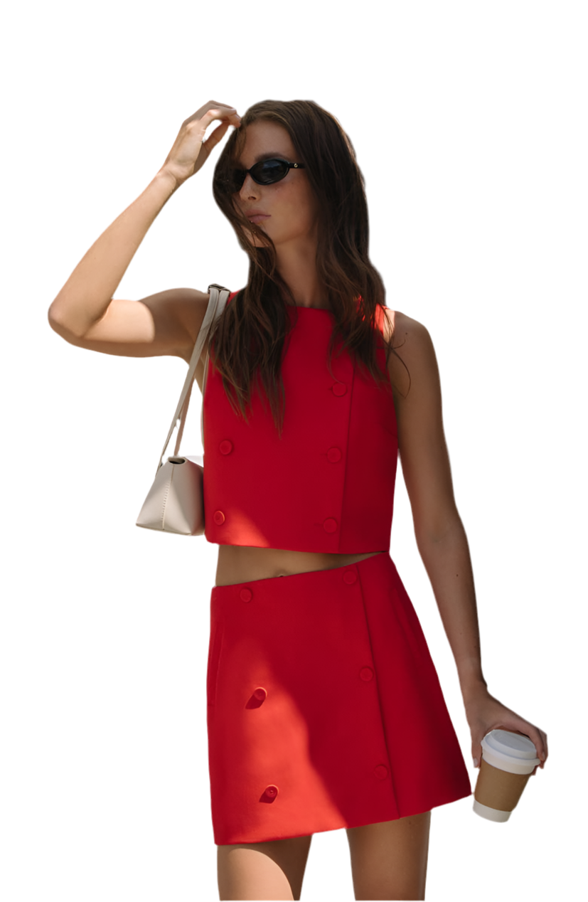 Azra Twill Double Breasted Skirt- Red