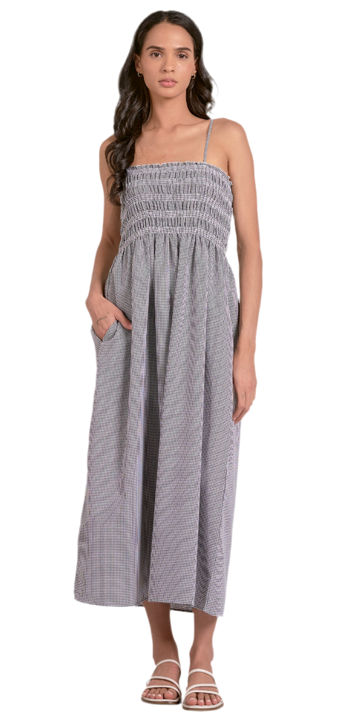 Seersucker Smocked Midi Dress-Black