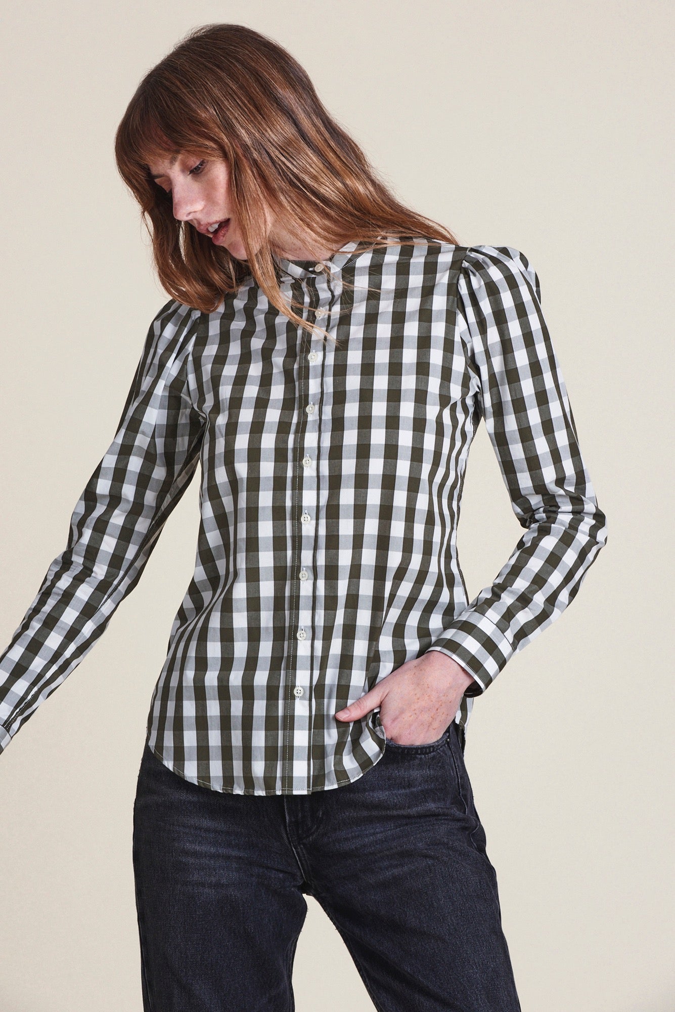 Puffed Shoulder Shirt- Forest Gingham