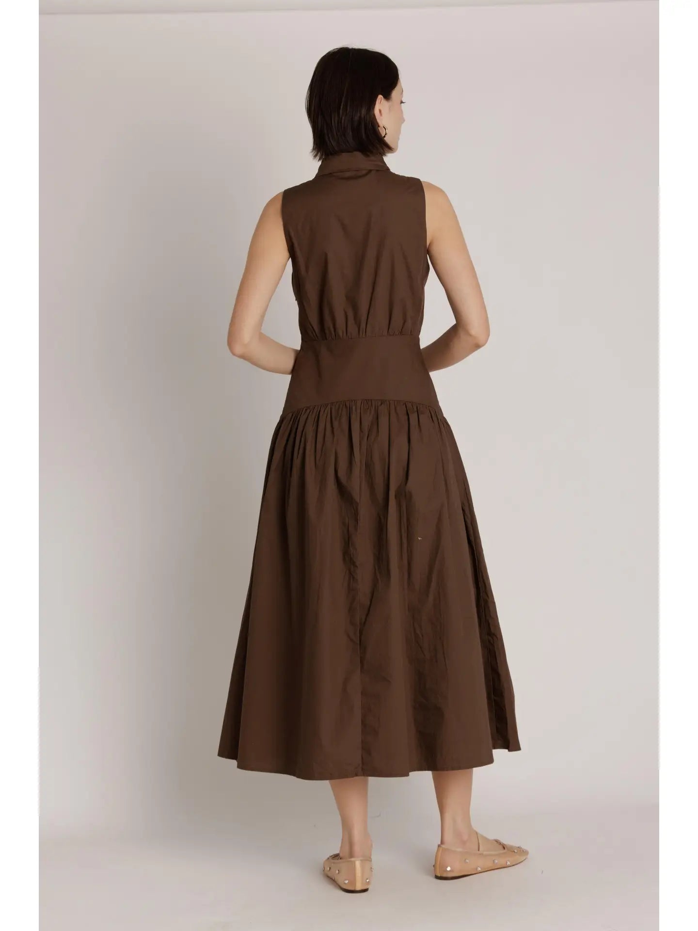 Curved Yoke Midi Dress- Brown