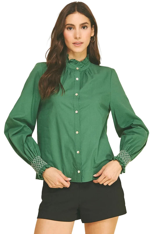 Ruffles Shirt With Smocked Cuff- Green