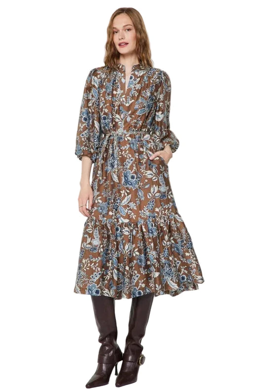 Stand Collar Printed Midi Dress- Blue Multi