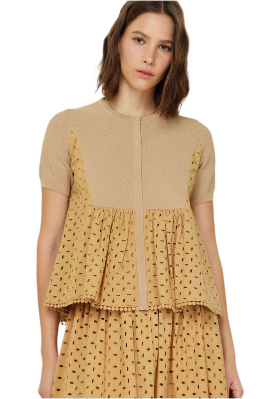 Short Sleeve Button Down Eyelet Top- Butterscotch