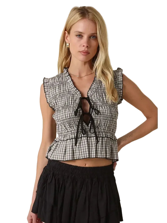 Gingham Lace Up Smocked Top- Black/White