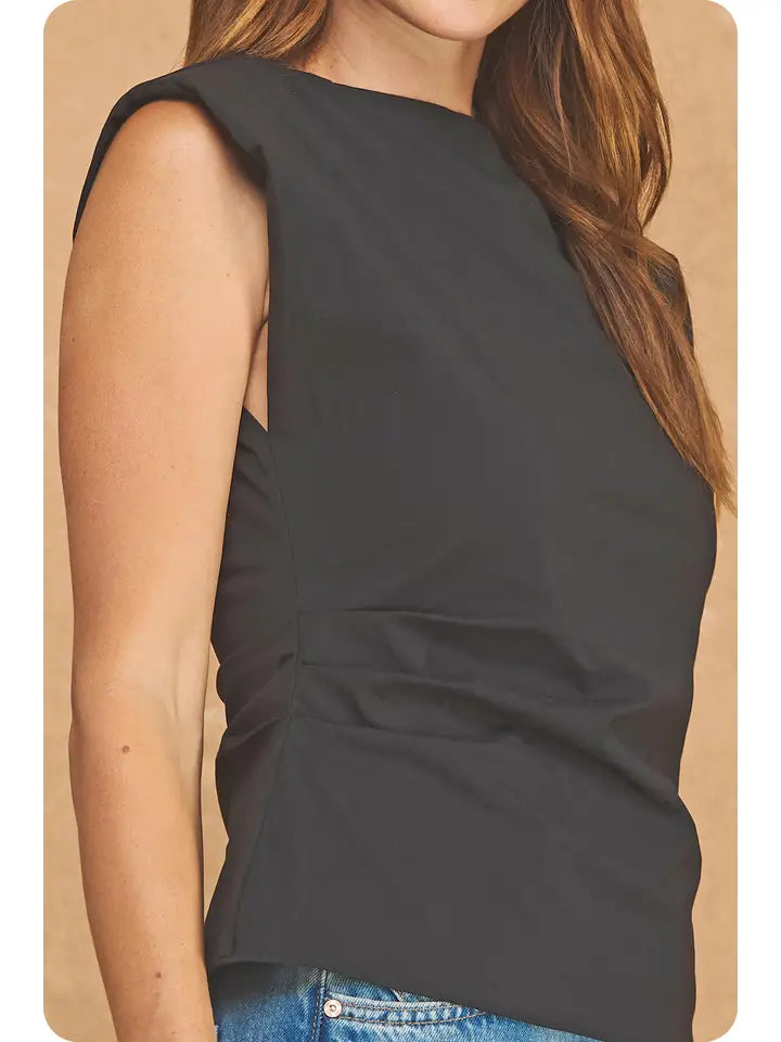 Sleeveless Top with Shoulder Pad- Black