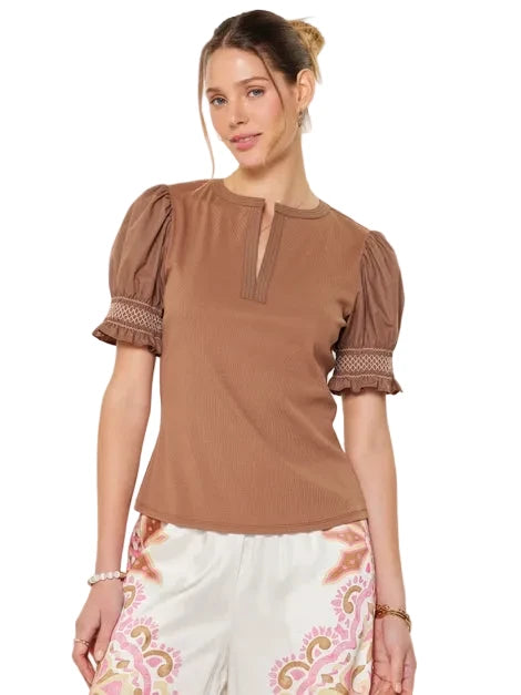 Puff Sleeve Ribbed Knit Top- brown