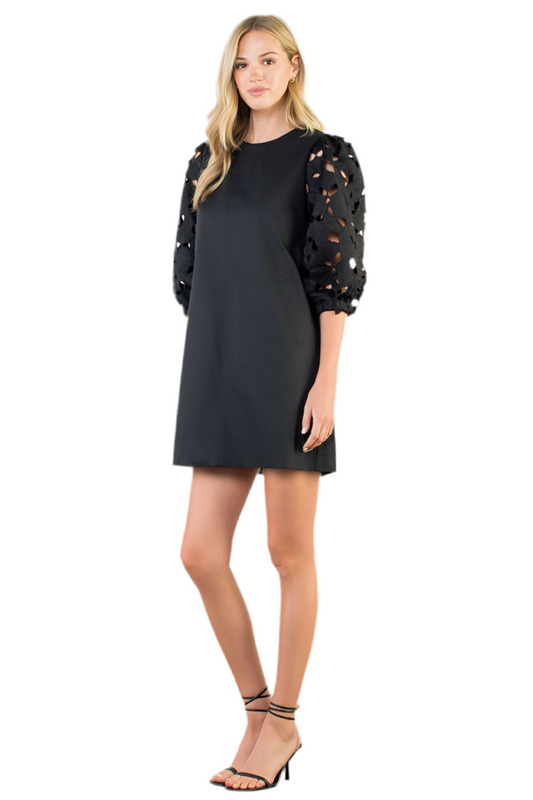 Eyelet Sleeve Dress- Black