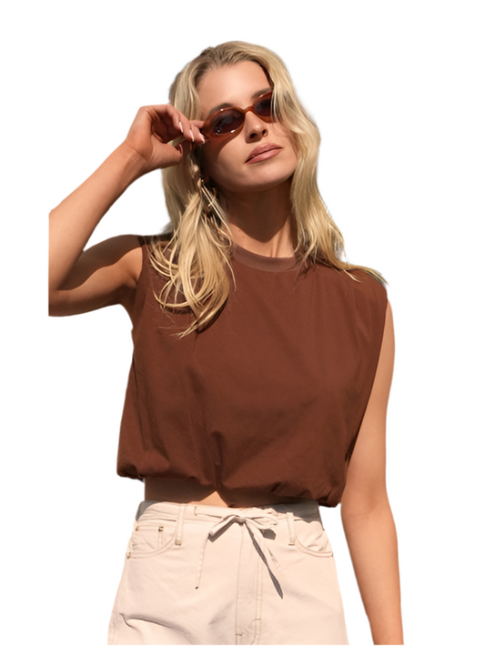 Alisa Padded Shoulder Jersey Bubble Top- Brown