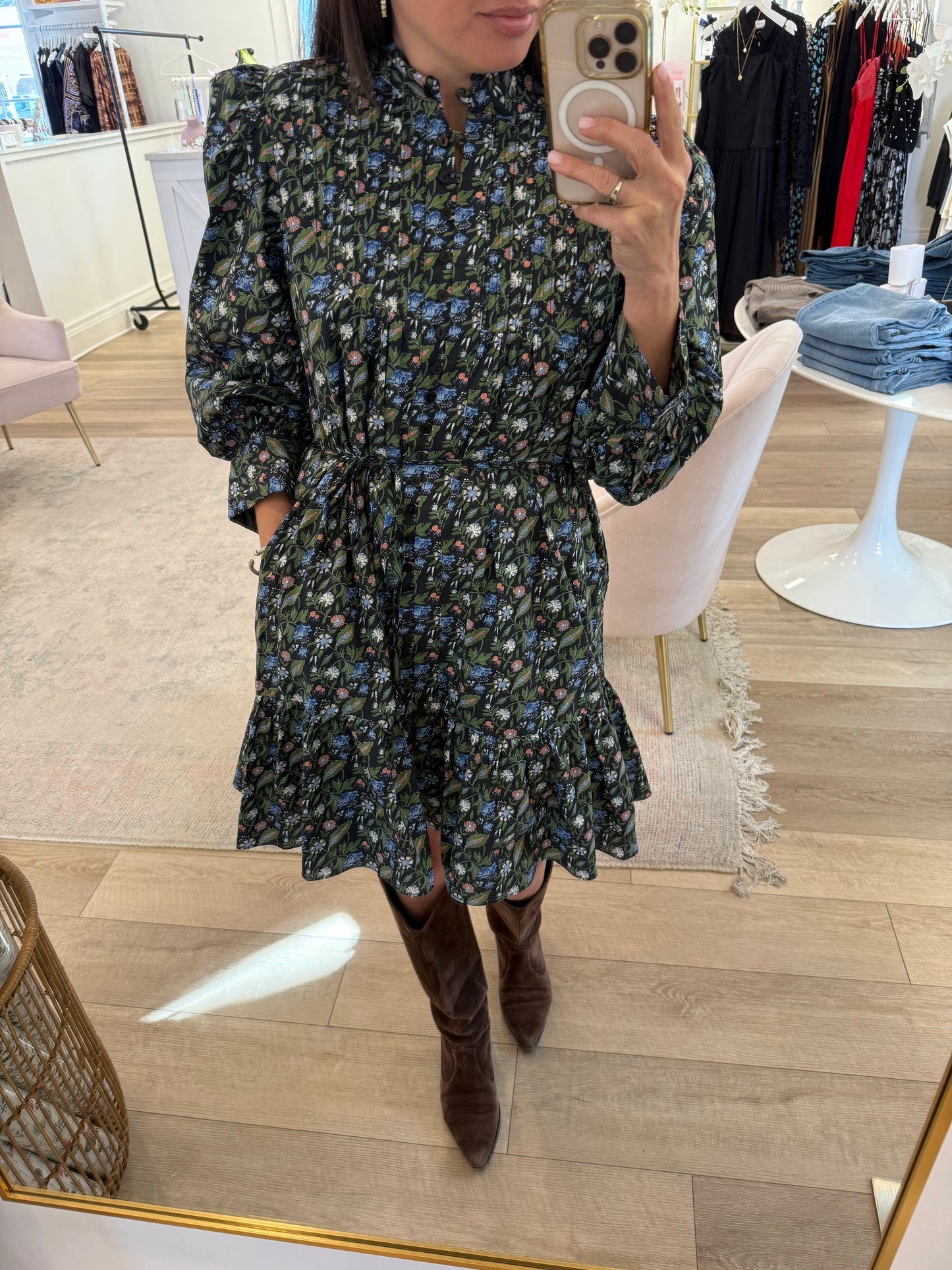 Floral Pintuck Mini Dress- Black Multi