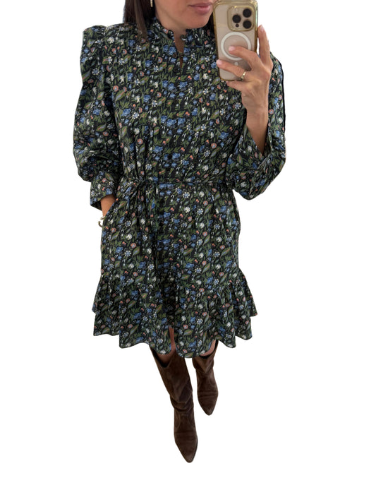 Floral Pintuck Mini Dress- Black Multi