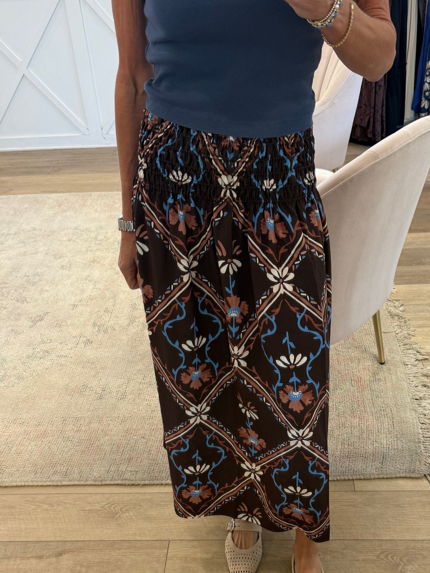 Alessa Smocked Waist Midi Skirt- Acacia