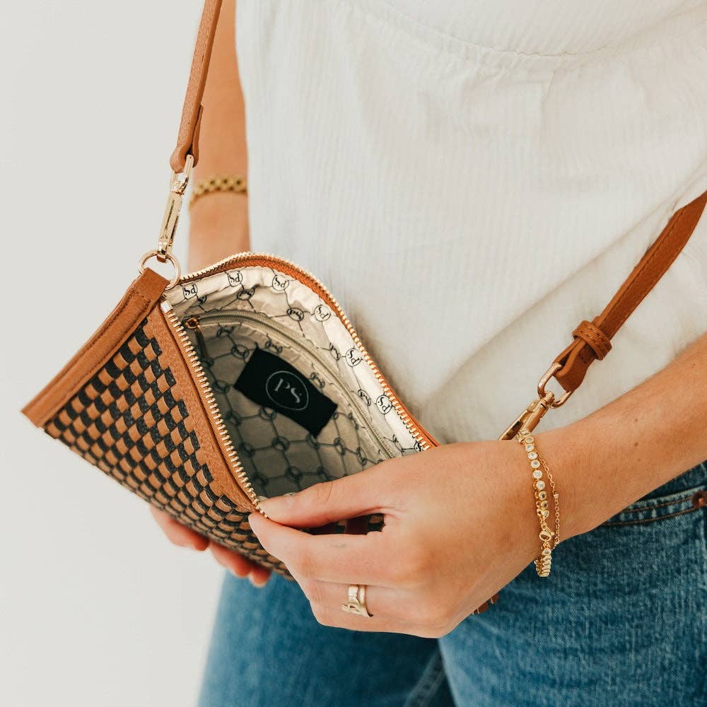 Veda Woven Crossbody and Clutch Bag- Checkered Coffee