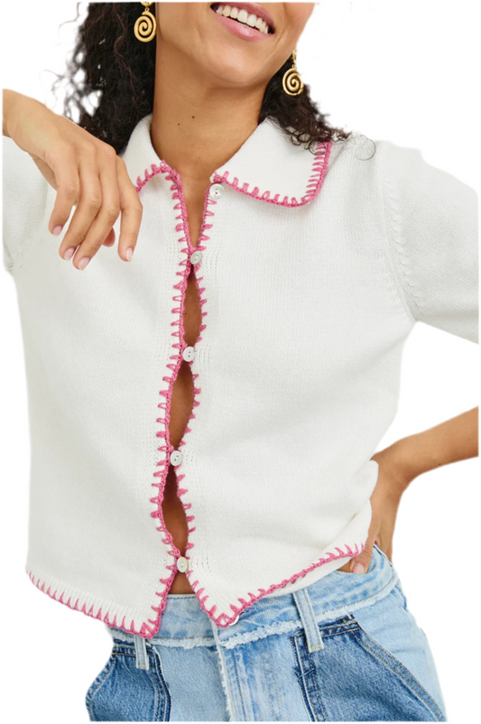 Maliah Button Down Top- White/Pink