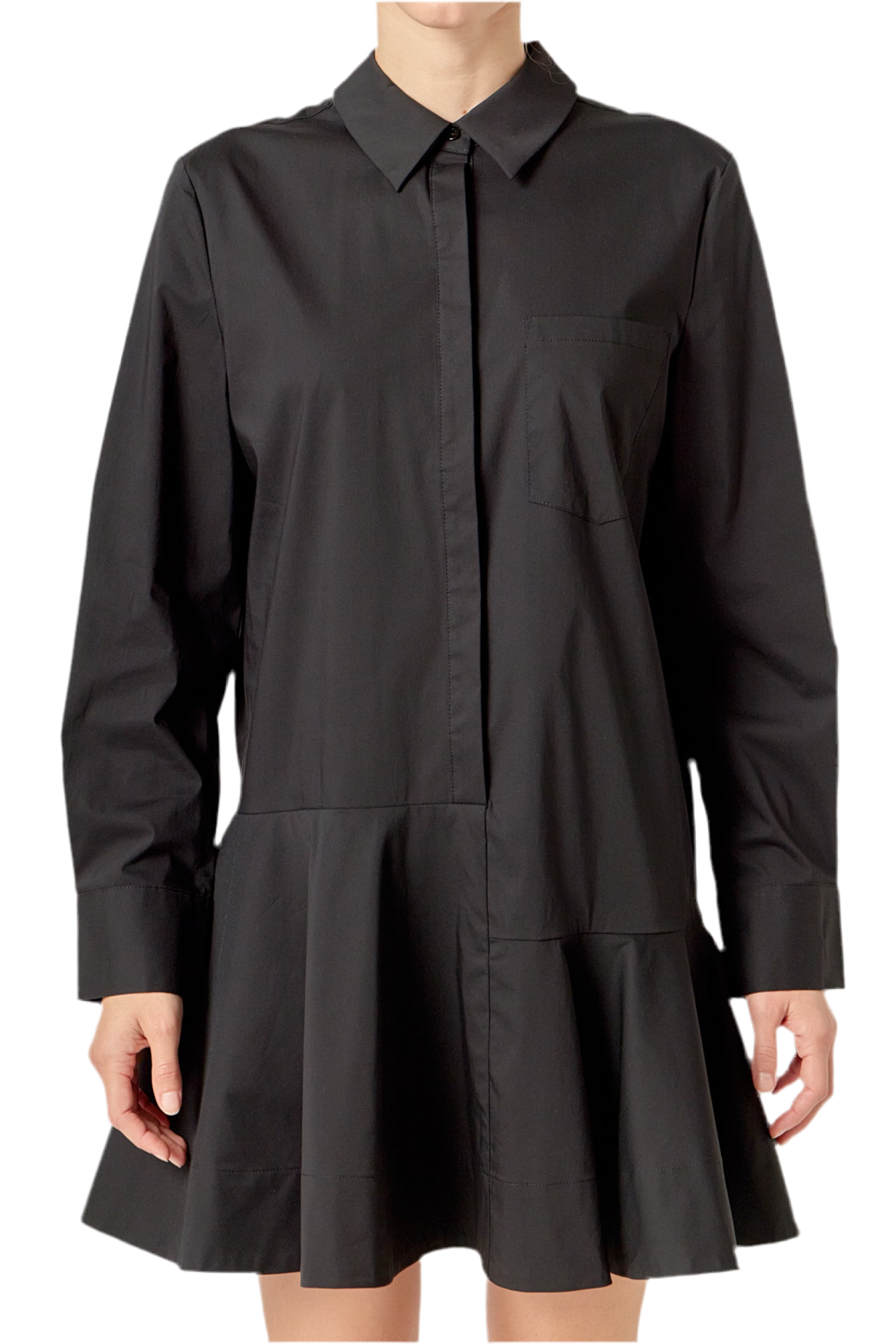 Collared Flare Skirt Dress- Black