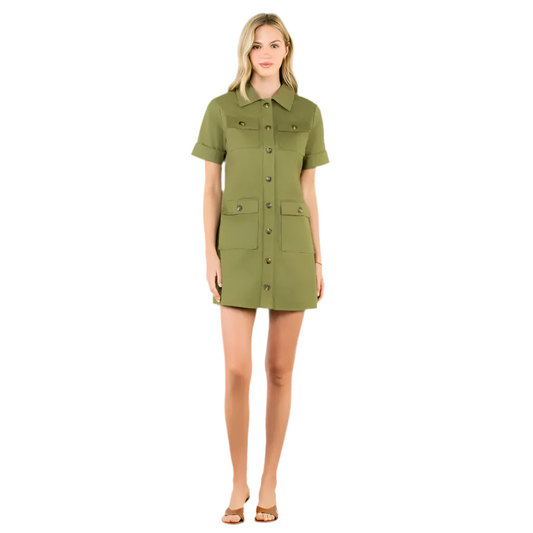 Utility Pocket Button Down Dress- Olive