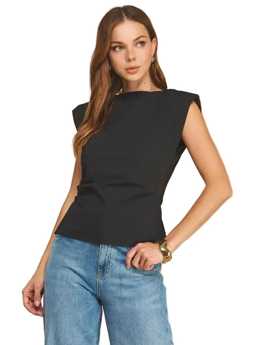 Sleeveless Top with Shoulder Pad- Black