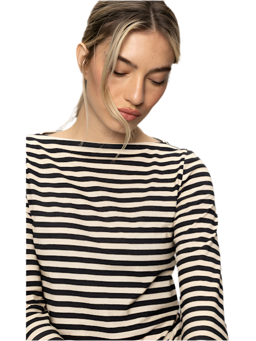 Boatneck long Sleeve Striped Tee- Light Oat/Black
