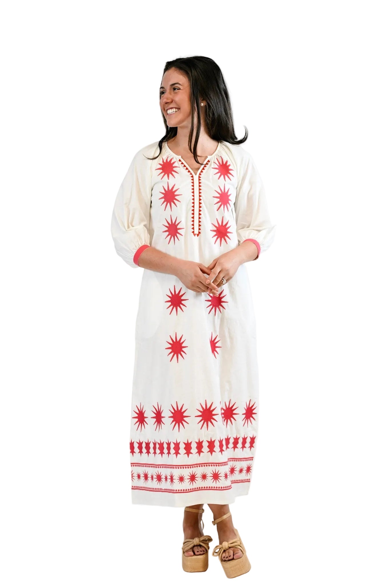 Quinn Embroidered Midi Dress- Ruby Starburst