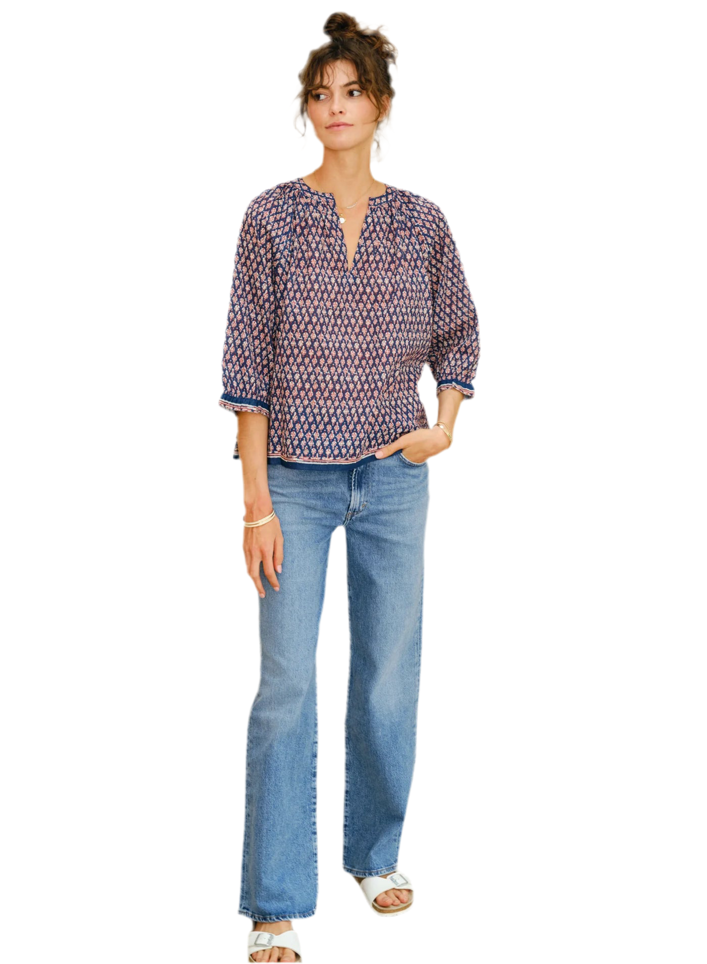Mari Print Long Sleeve Top- Indigo