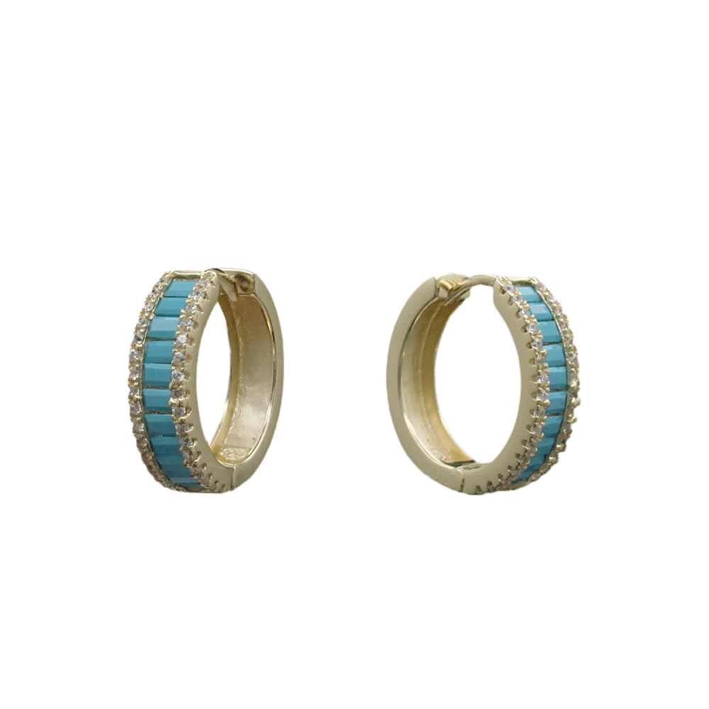 Baguette Center with Pave lined Huggie- Gold/Turq