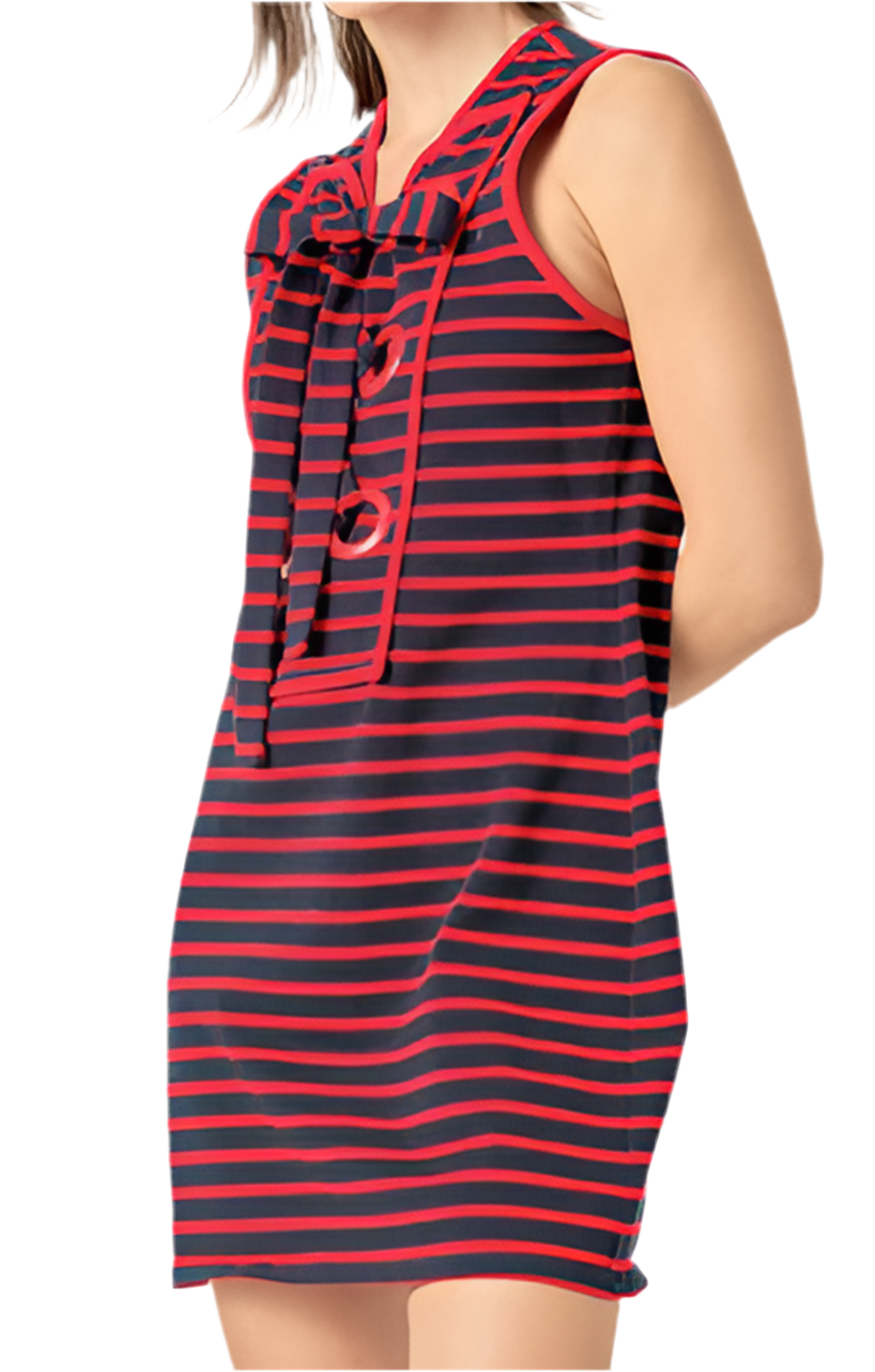 Striped Knit Lace Up Dress- Navy/Red