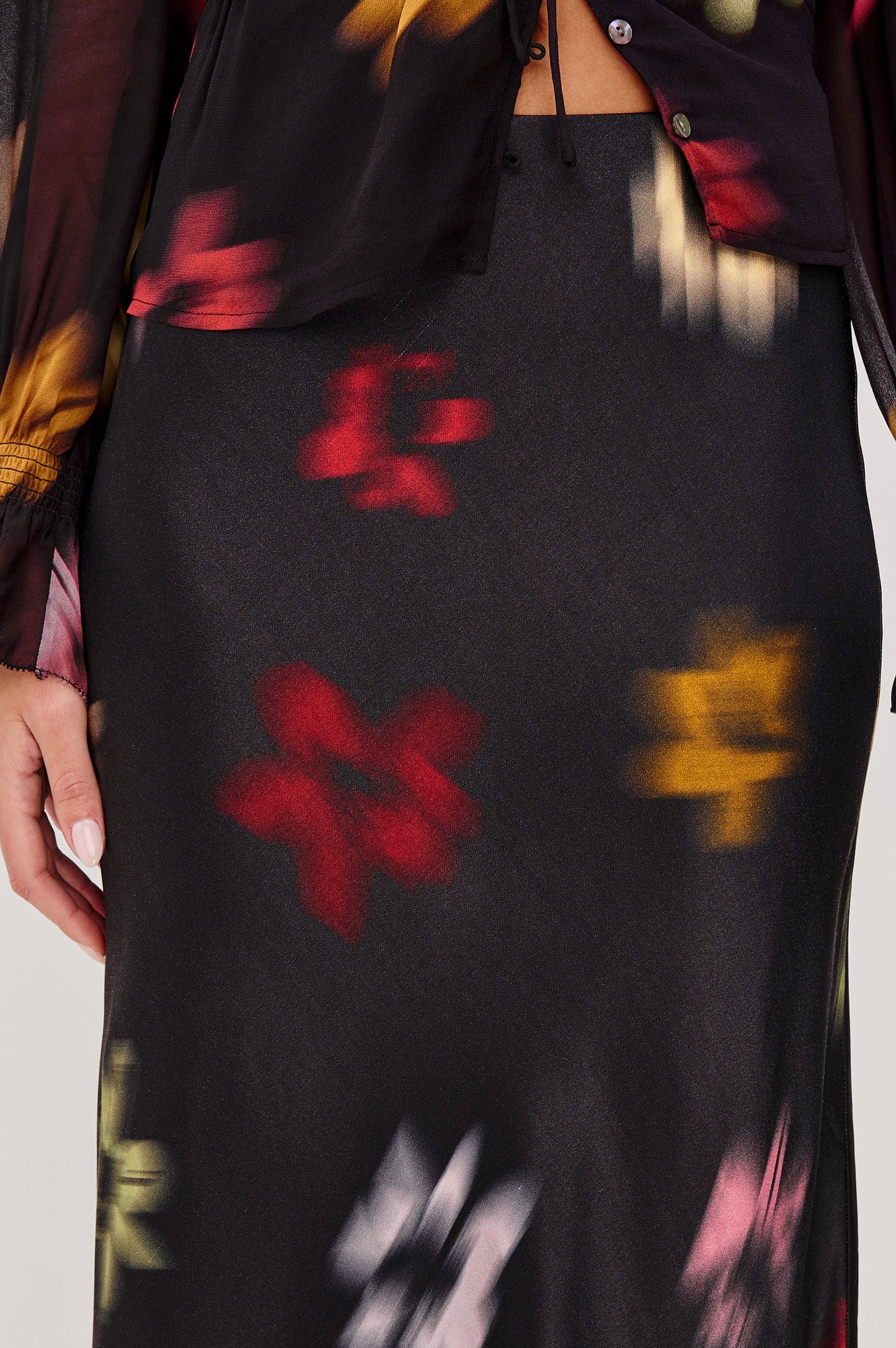 Anya Silky Midi Skirt- Onyx Blurred Floral