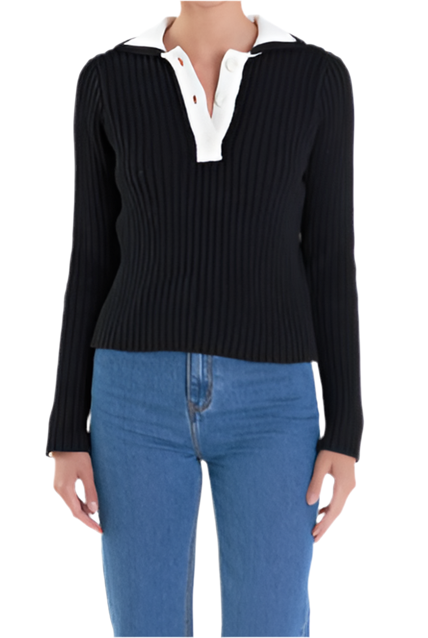 Colorblock Knit Polo- Black/White