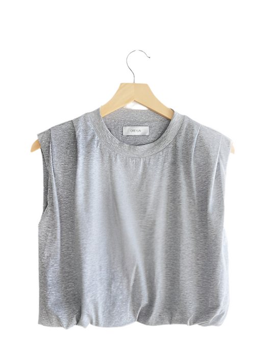 Alisa Padded Shoulder Jersey Bubble Top- Heather Grey