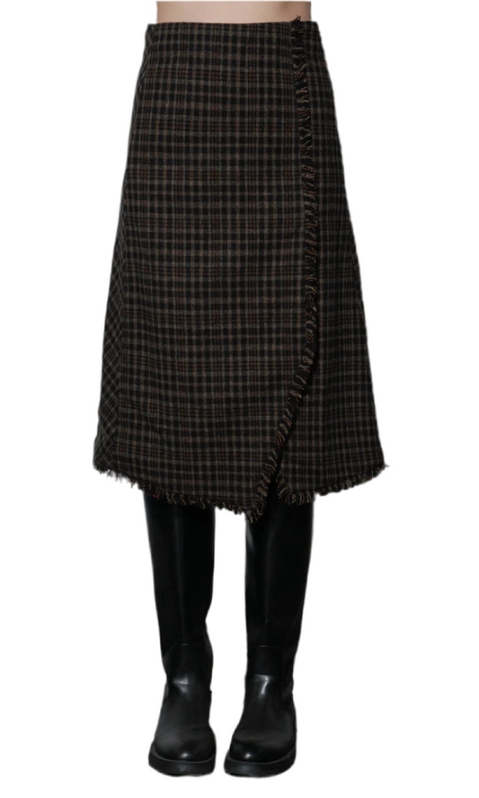 Brighton Asymetric Plaid Fringe Midi Skirt- Black